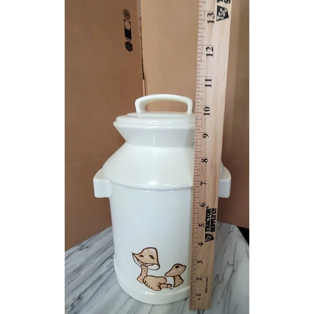 White‎ Ceramic Milk Can Style Cookie Jar Mushroom Design Handles MCM